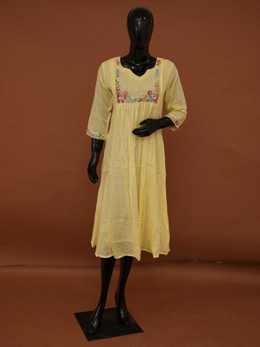 Handloomed Lemon Yellow Silk Kota Frock Kurti | Gathered Floral Midi Dress - Medium to XXL