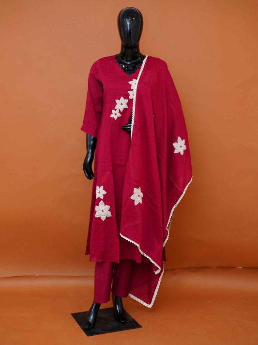 Crimson Maroon Pure Cotton 3-Piece Salwar Suit with Bold Floral Applique Art | M to XXL