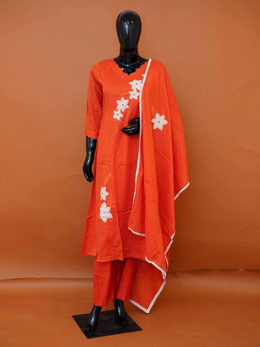 Rust Orange Mul Cotton 3-Piece Salwar Suit with Bold Floral Applique - Medium - XXL