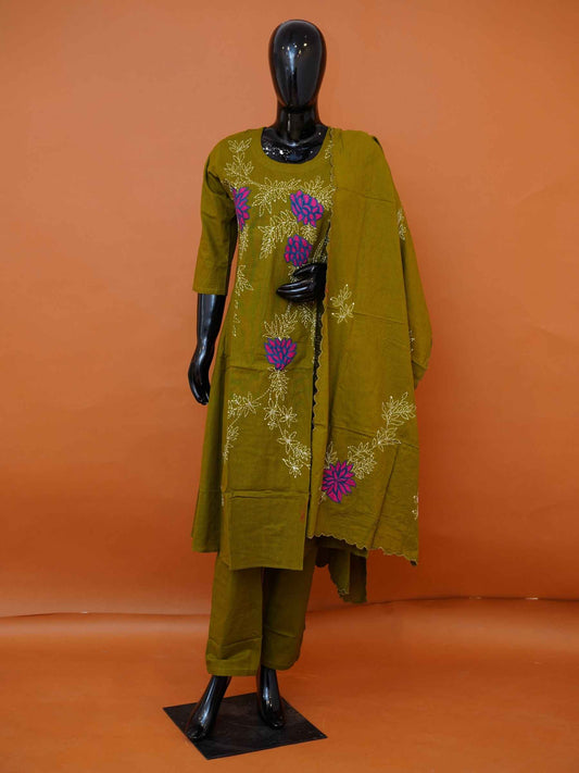 Olive Mehendi Green Mul Cotton 3-Piece Straight Kurta Set with Botanical Hand Embroidery - Medium - XXL