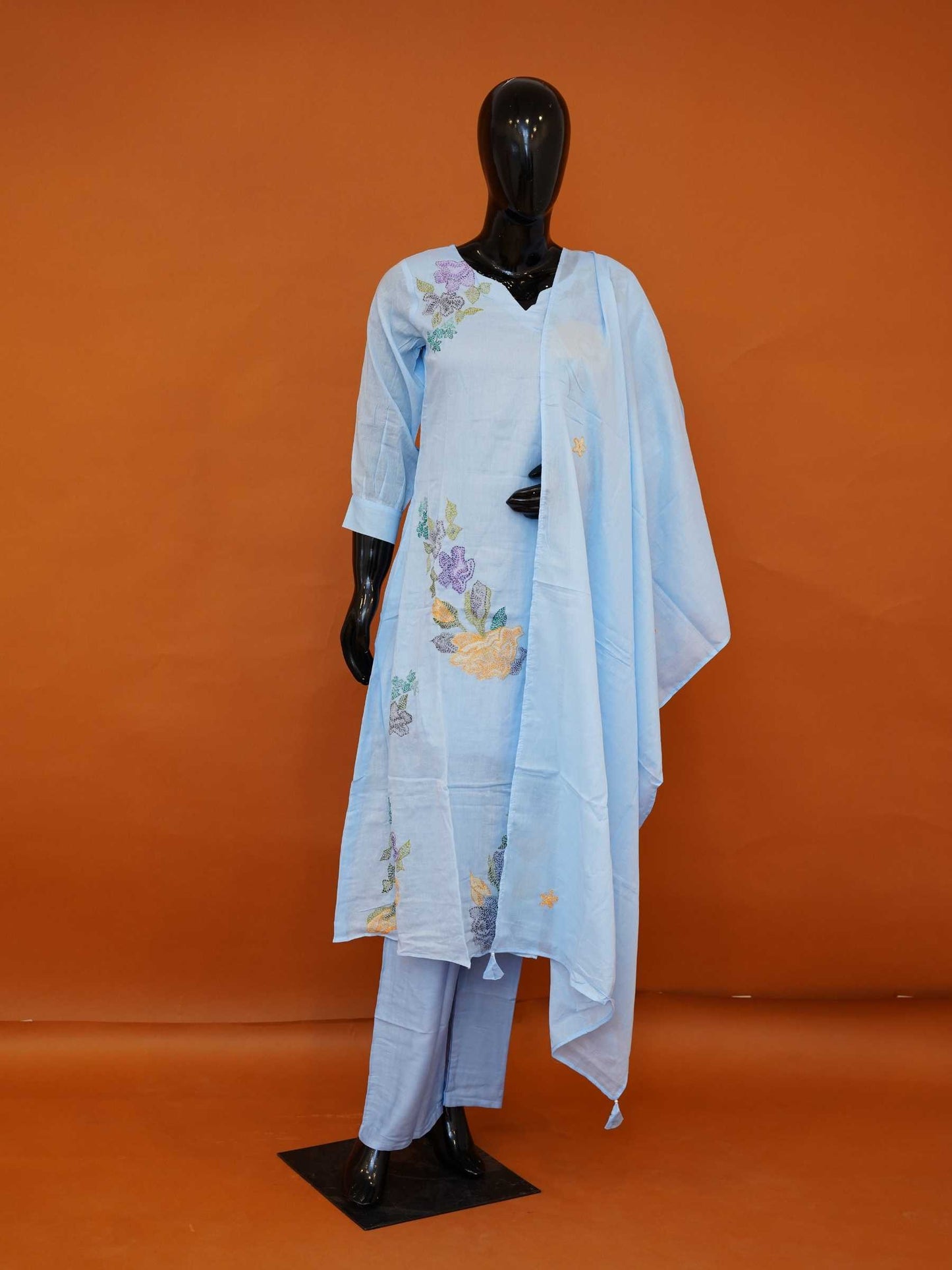Powder Blue Mul Cotton 3-Piece Straight Kurta Set with Botanical Hand Embroidery - Medium - XXL