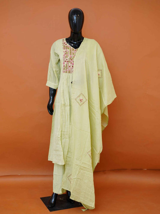 Pista Green Mul Cotton 3-Piece Gathered Frock Kurta Set with Botanical Embroidery - Medium - XXL