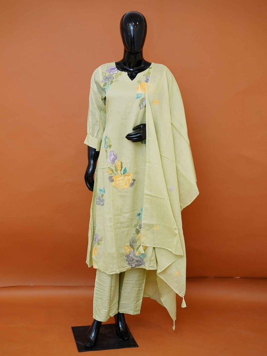 Pastel Green Mul Cotton Embroidered Salwar Suit Set - Medium to XXL