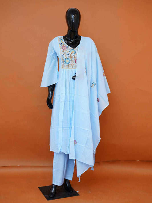 Sky Blue Mul Cotton 3-Piece Gathered Frock Kurta Set with Botanical Embroidery - Medium - XXL