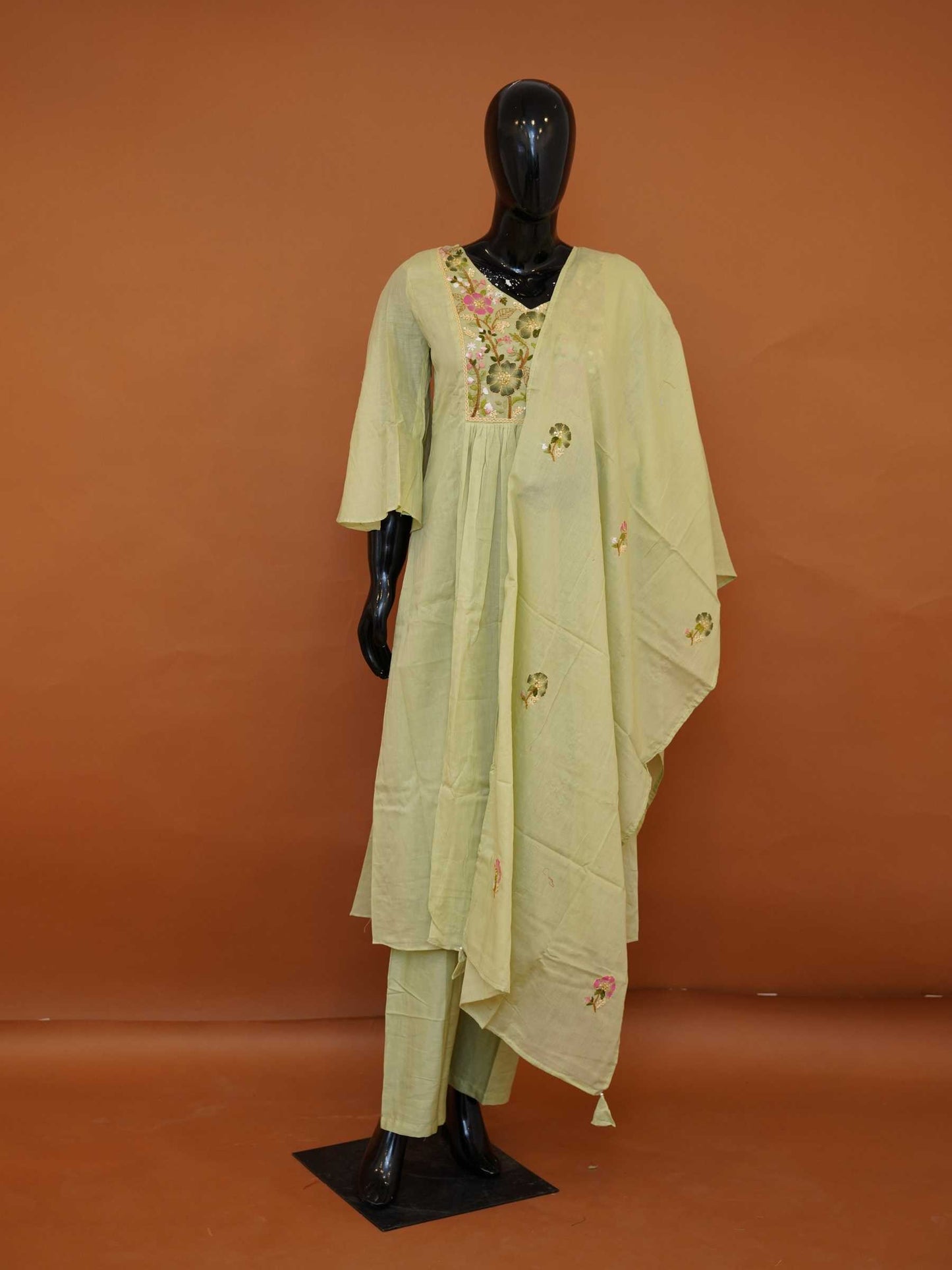 Pastel Lime Green Mul Cotton 3-Piece Gathered Frock Kurta Set with Floral Embroidery - Medium - XXL
