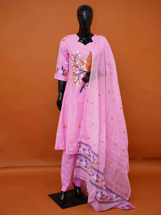 Pastel Pink Handwoven Dhakai Jamdani Cotton Salwar Suit Set - Medium to 2XL
