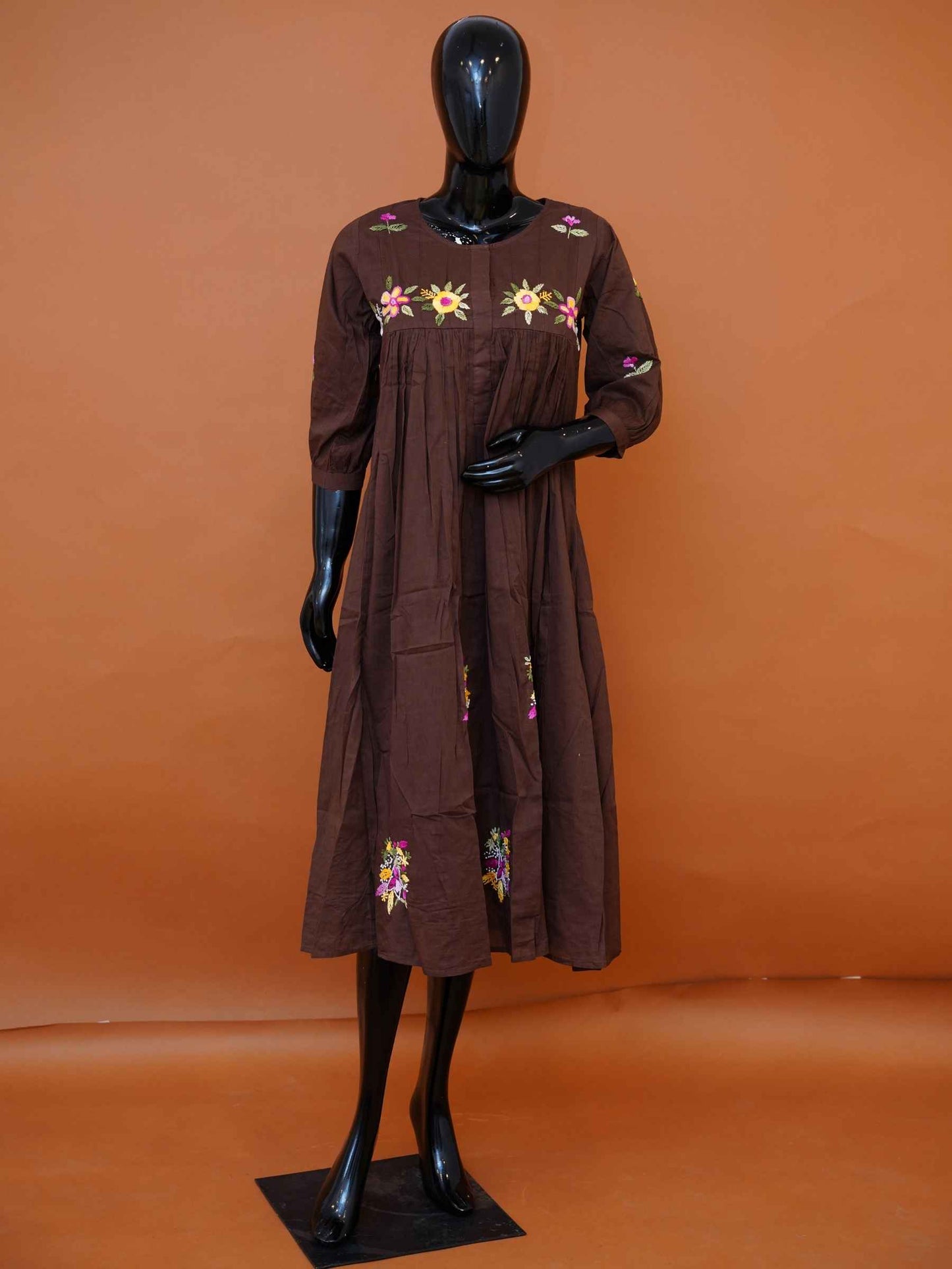 Women's embroidered brown mulmul cotton A-line dress with 3/4 sleeves available in sizes M to 3XL