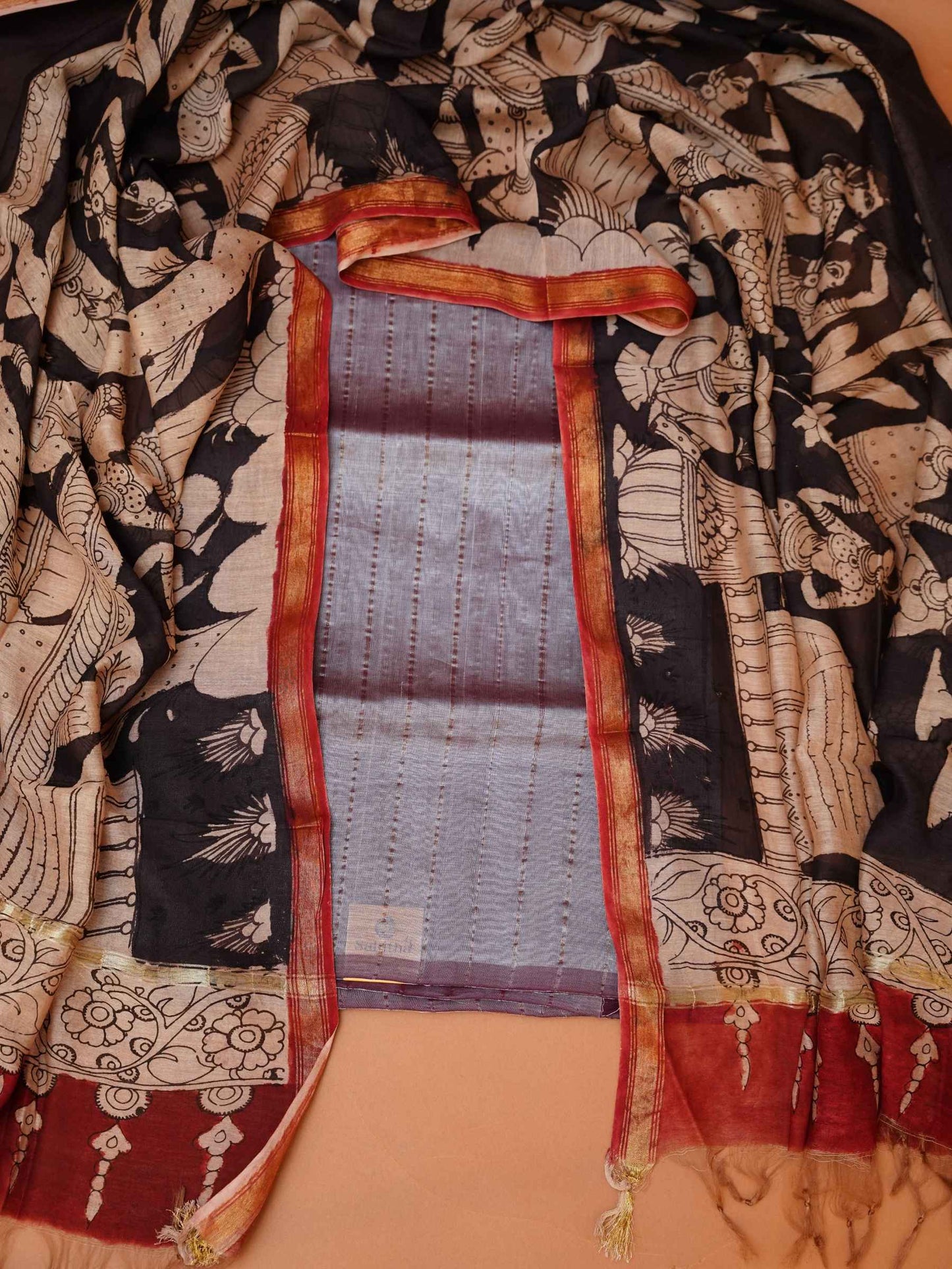Pure Paturu handloom charcoal grey striped dress material fabric with beige and black Kalamkari dupatta