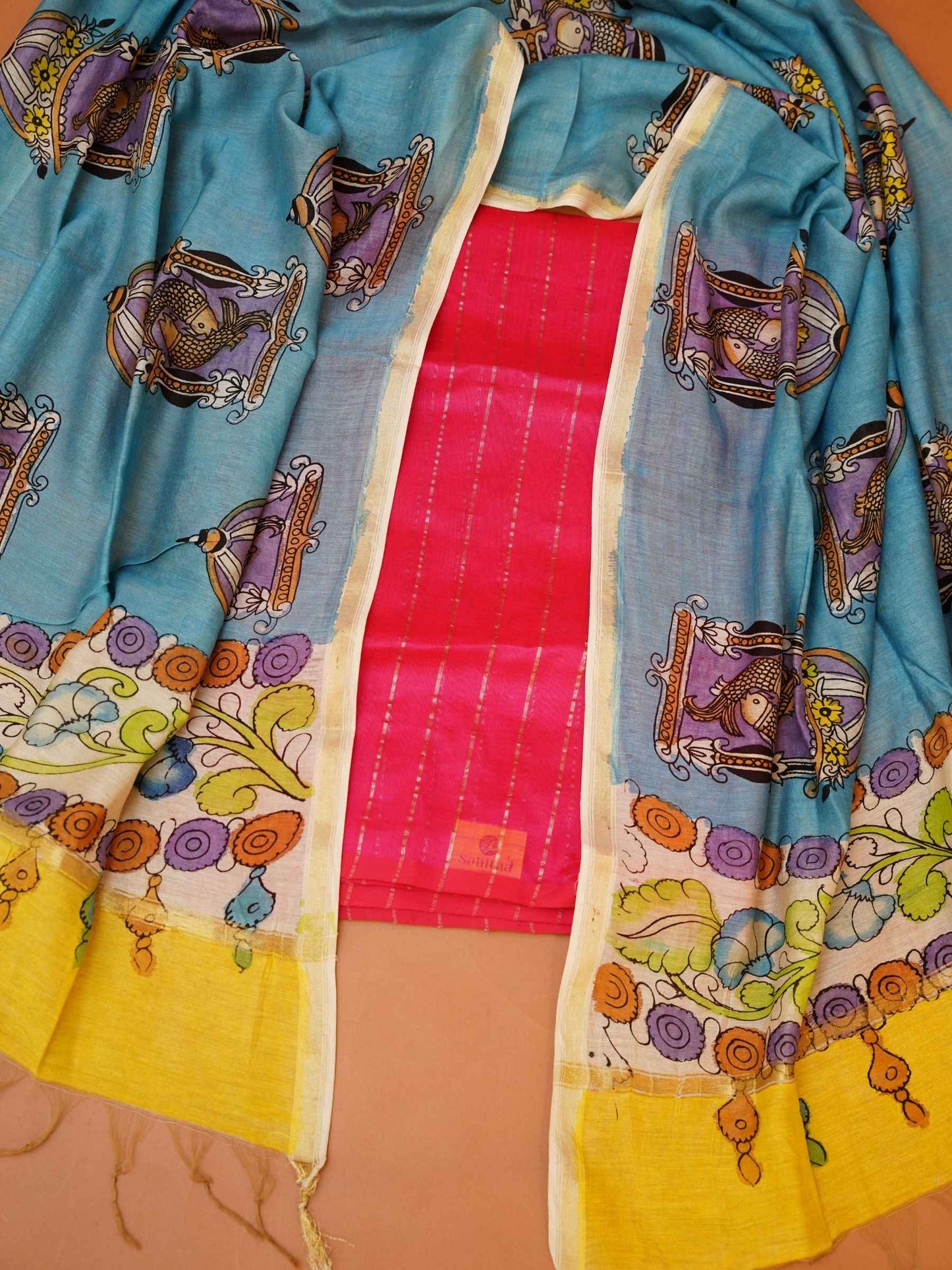 Unstitched Paturu handloom 2-piece suit set with handloom fish and floral Kalamkari dupatta and yellow zari borders