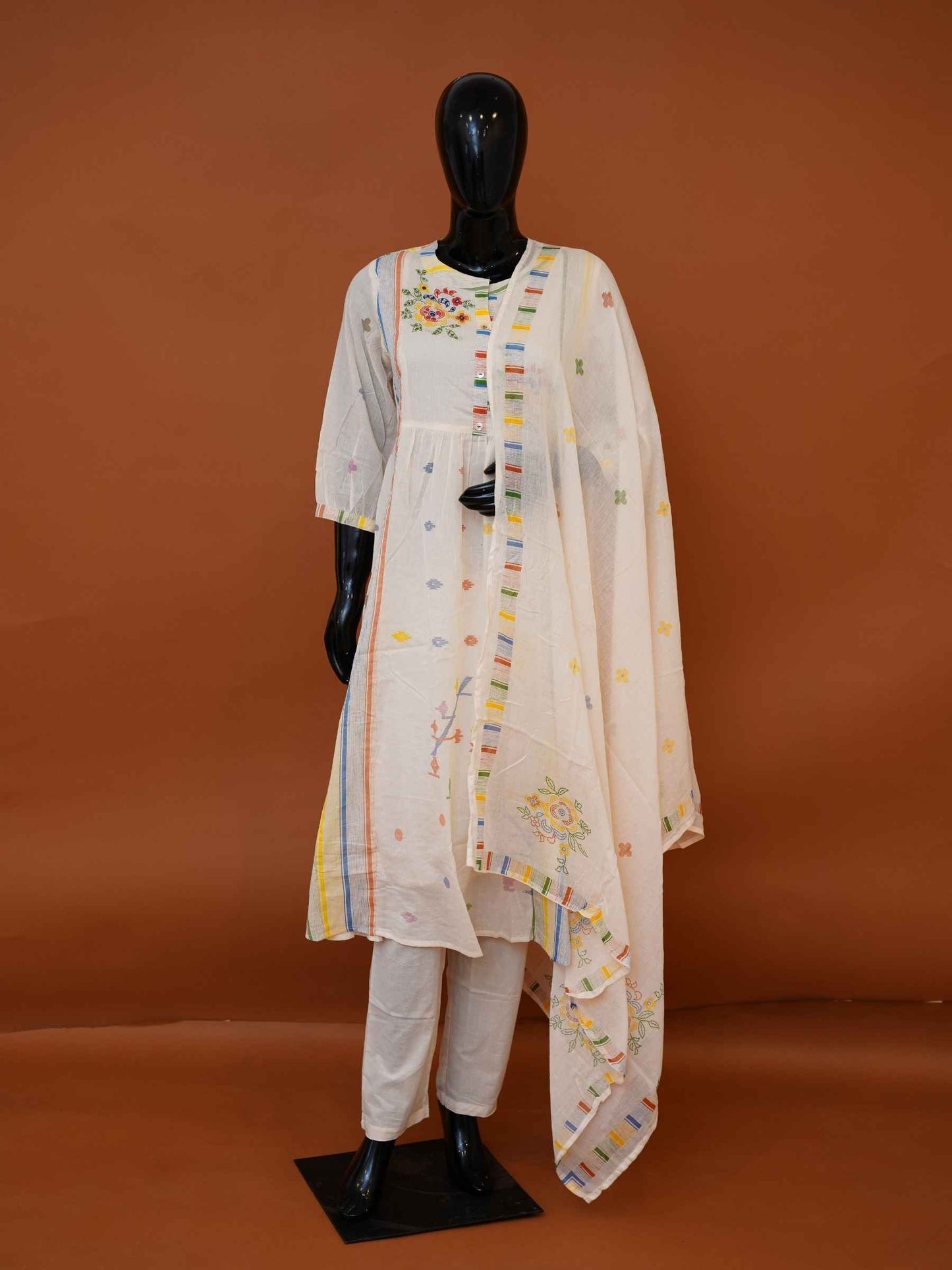 Off-White Floral Embroidered Pure Soft Cotton 3-Piece Kurti Set with Dupatta & Pants - Medium to 3XL
