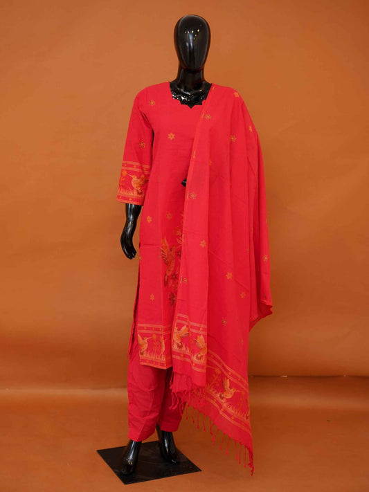 Women's vibrant red Jamdani cotton suit set with straight pants available in sizes M to 3XL