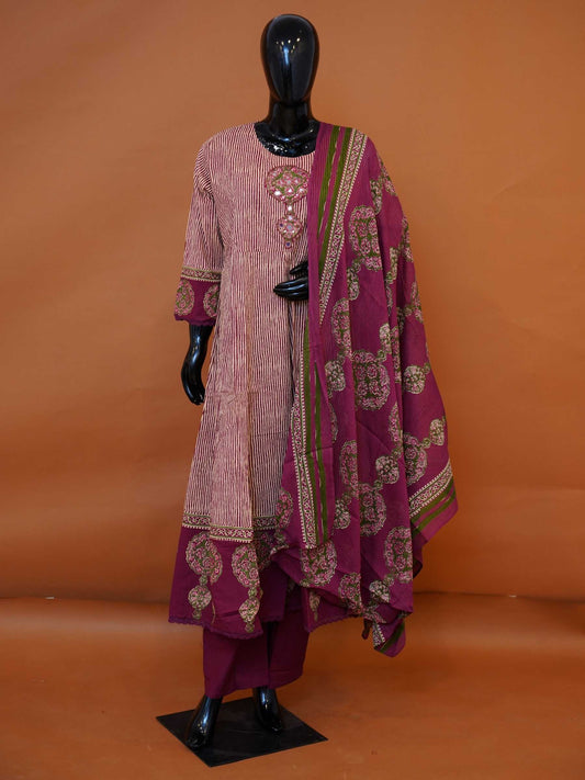 Deep wine and beige flared pure cotton 3-piece suit set with mirror sequin yoke