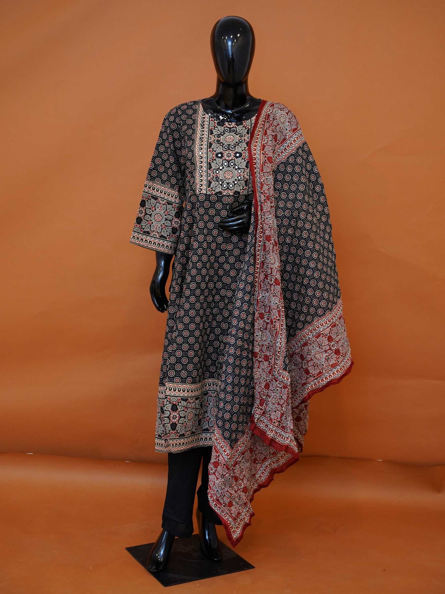 Plus-Size Black & Maroon Ajrakh Block Printed Cotton 3-Piece Suit Set with Sequined Yoke - 3XL to 5XL