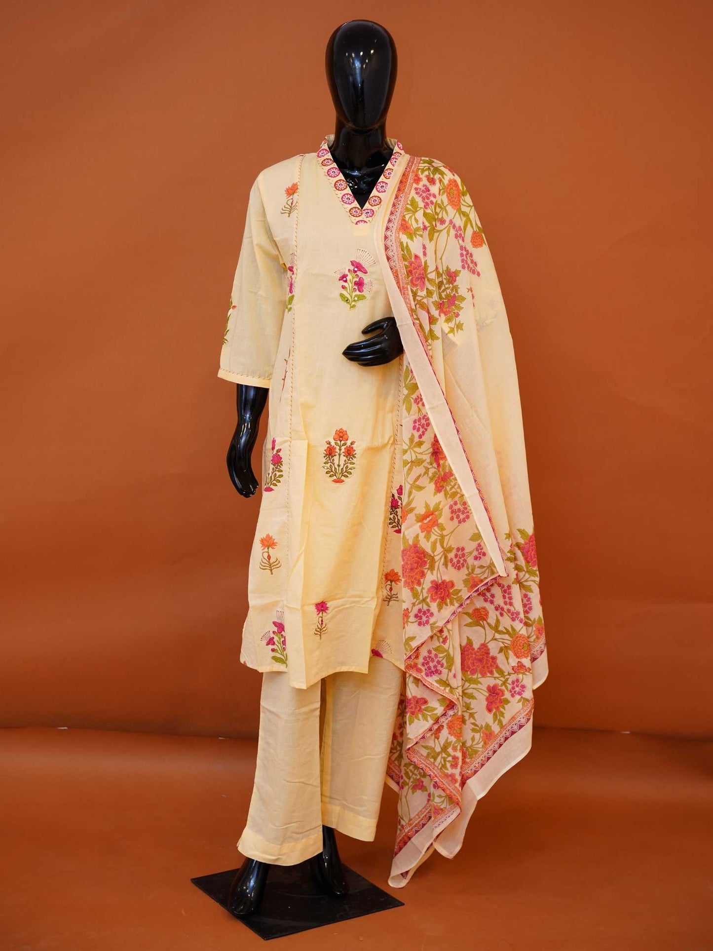 Pastel lemon yellow pure cotton 3-piece suit set with pink and orange floral print and embroidered V-neck