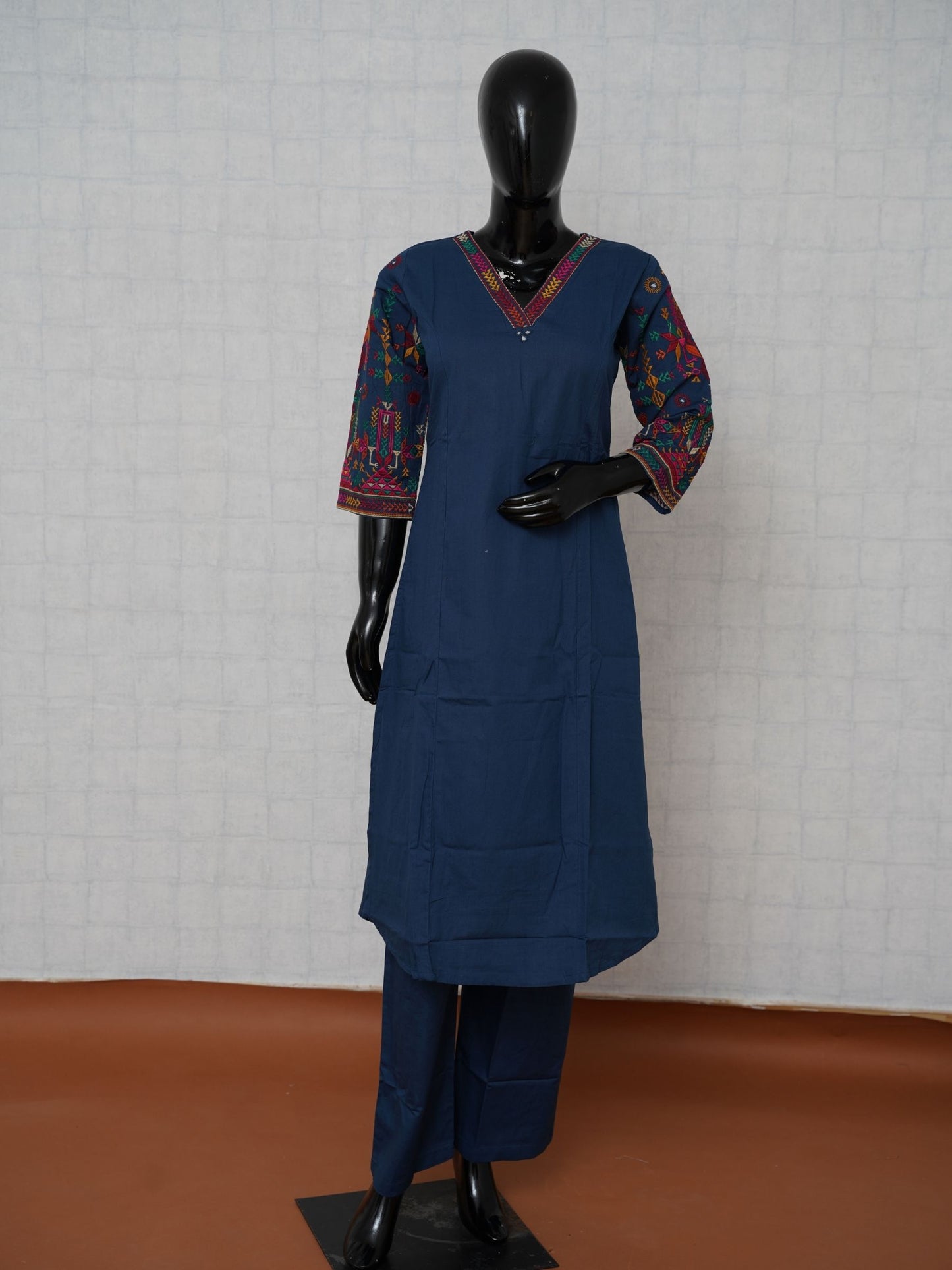 Navy blue pure cotton 2-piece suit set with colorful Kutchi tribal embroidered sleeves