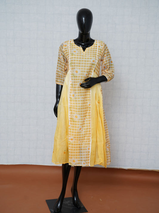 Sunshine yellow gingham check and daisy floral Kota cotton flared tunic kurti top