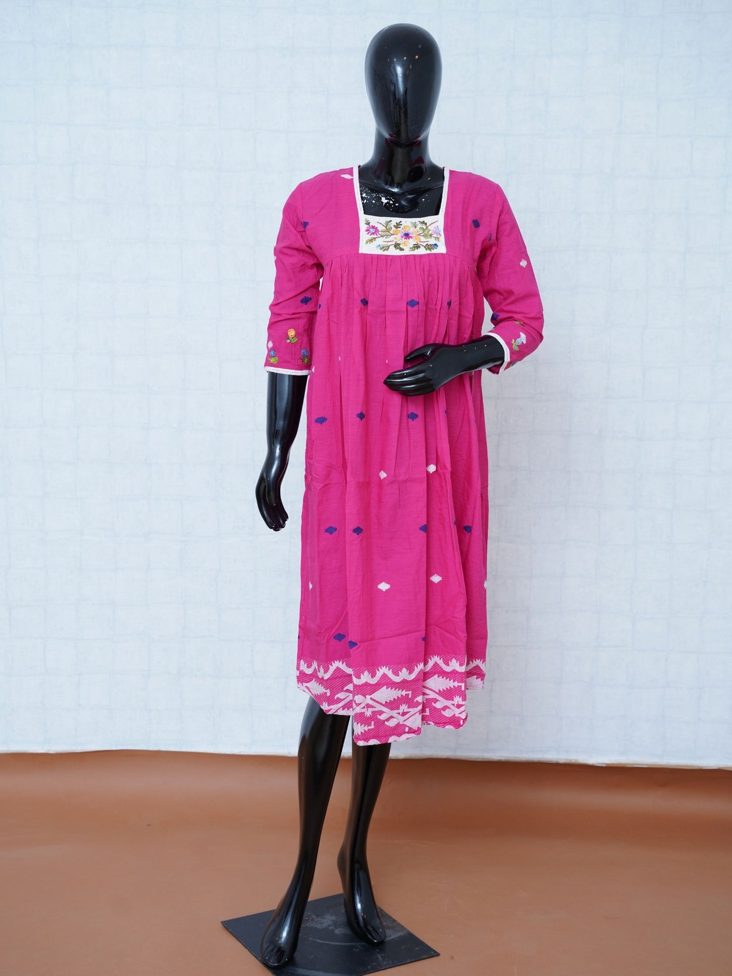 Magenta pink soft cotton flared tunic kurti top with floral embroidered square yoke