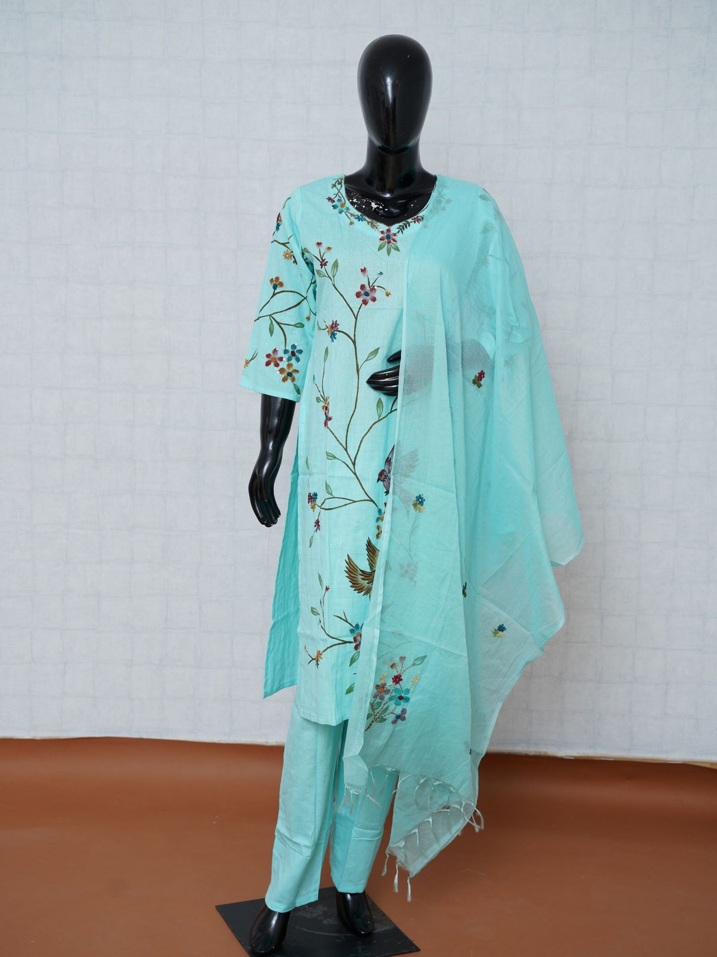 Aqua blue flax cotton 3-piece suit set with floral branch and bird embroidery