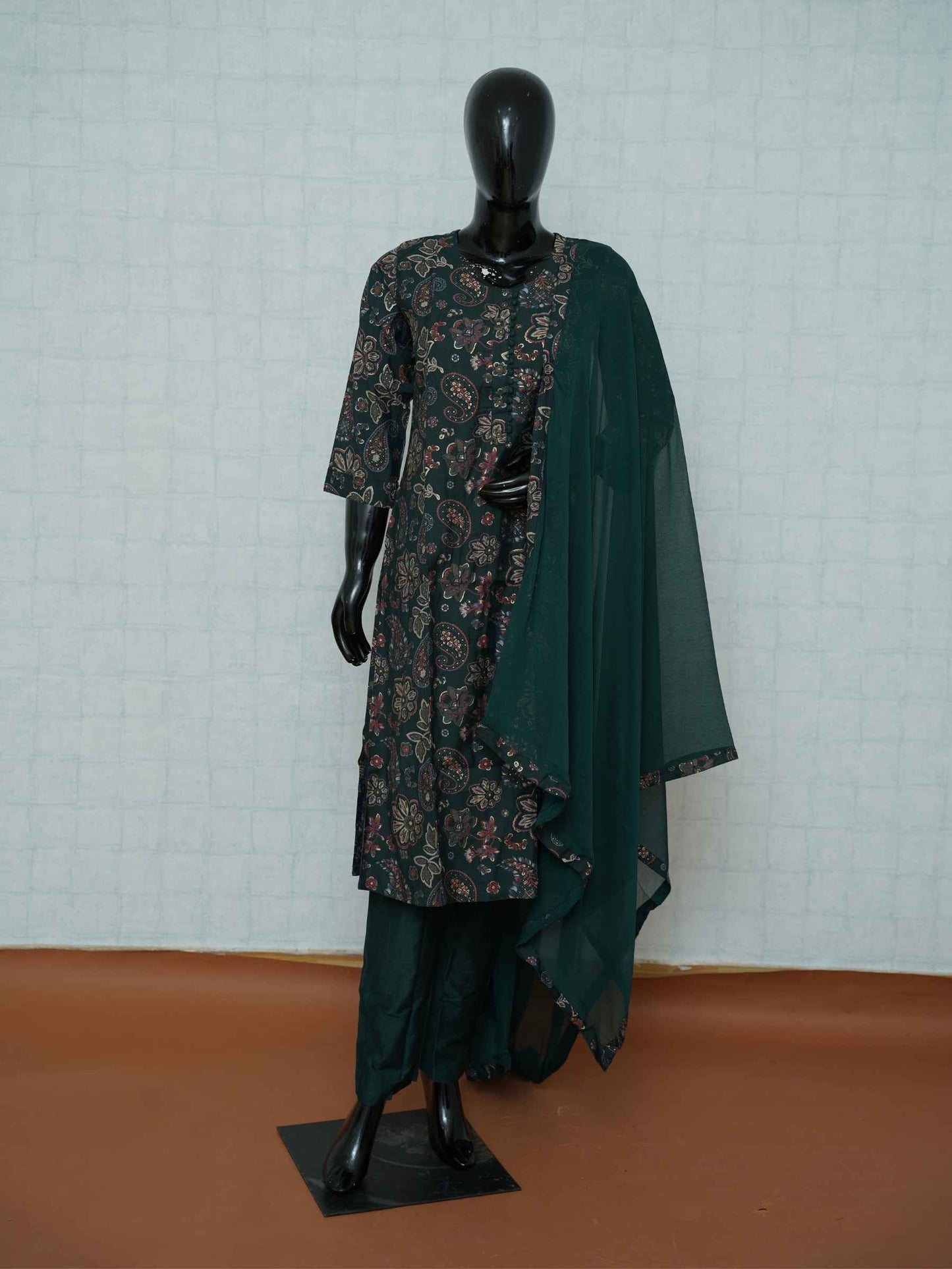 Dark green Vatican silk 3-piece suit set with Kalamkari and paisley prints
