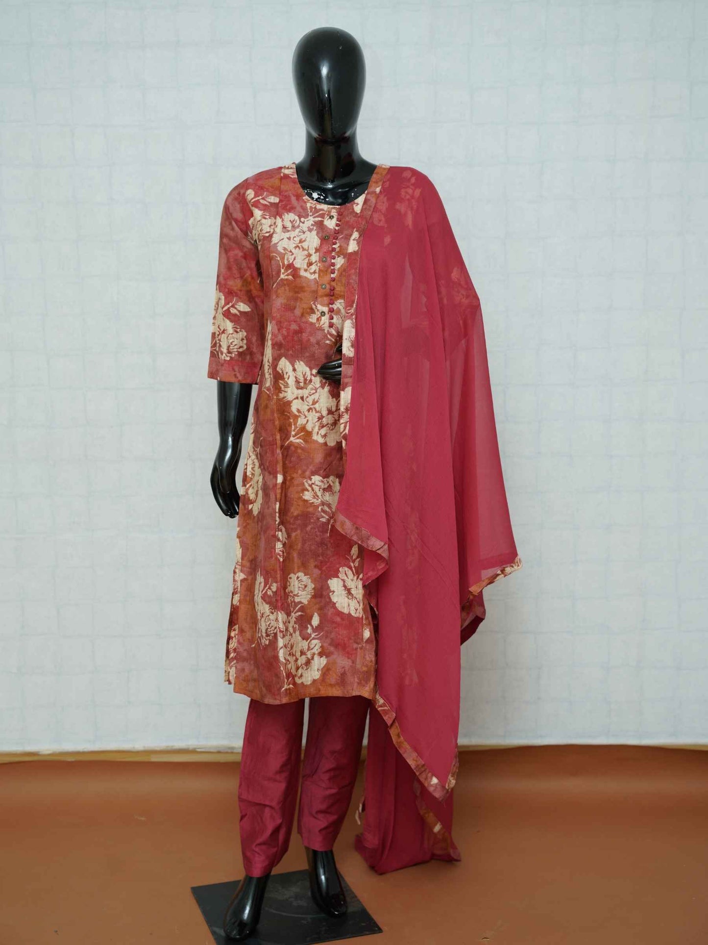 Rose pink Vatican silk 3-piece suit set with cream botanical floral prints
