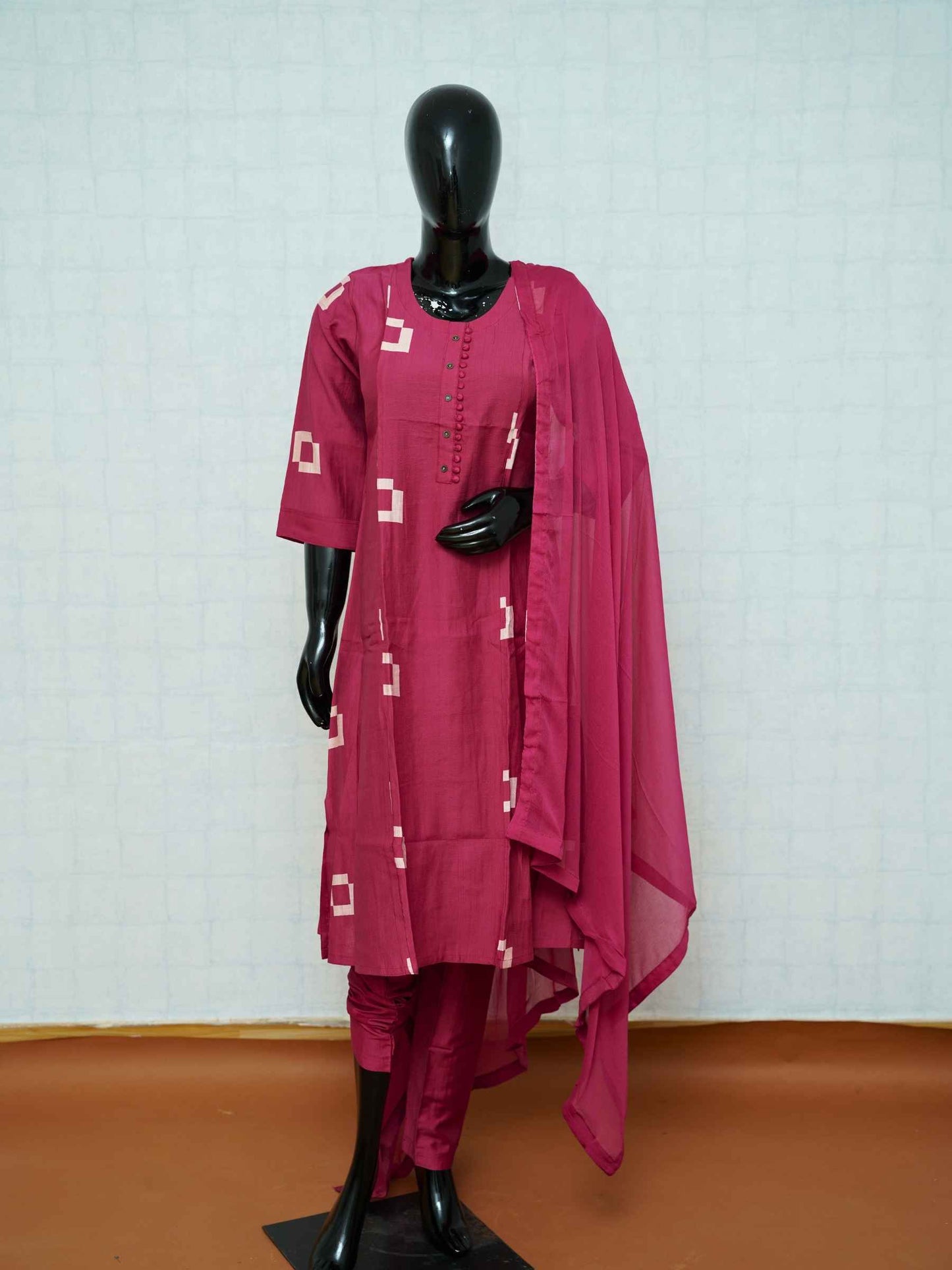 Deep magenta Vatican silk 3-piece suit set with off-white geometric square batik prints