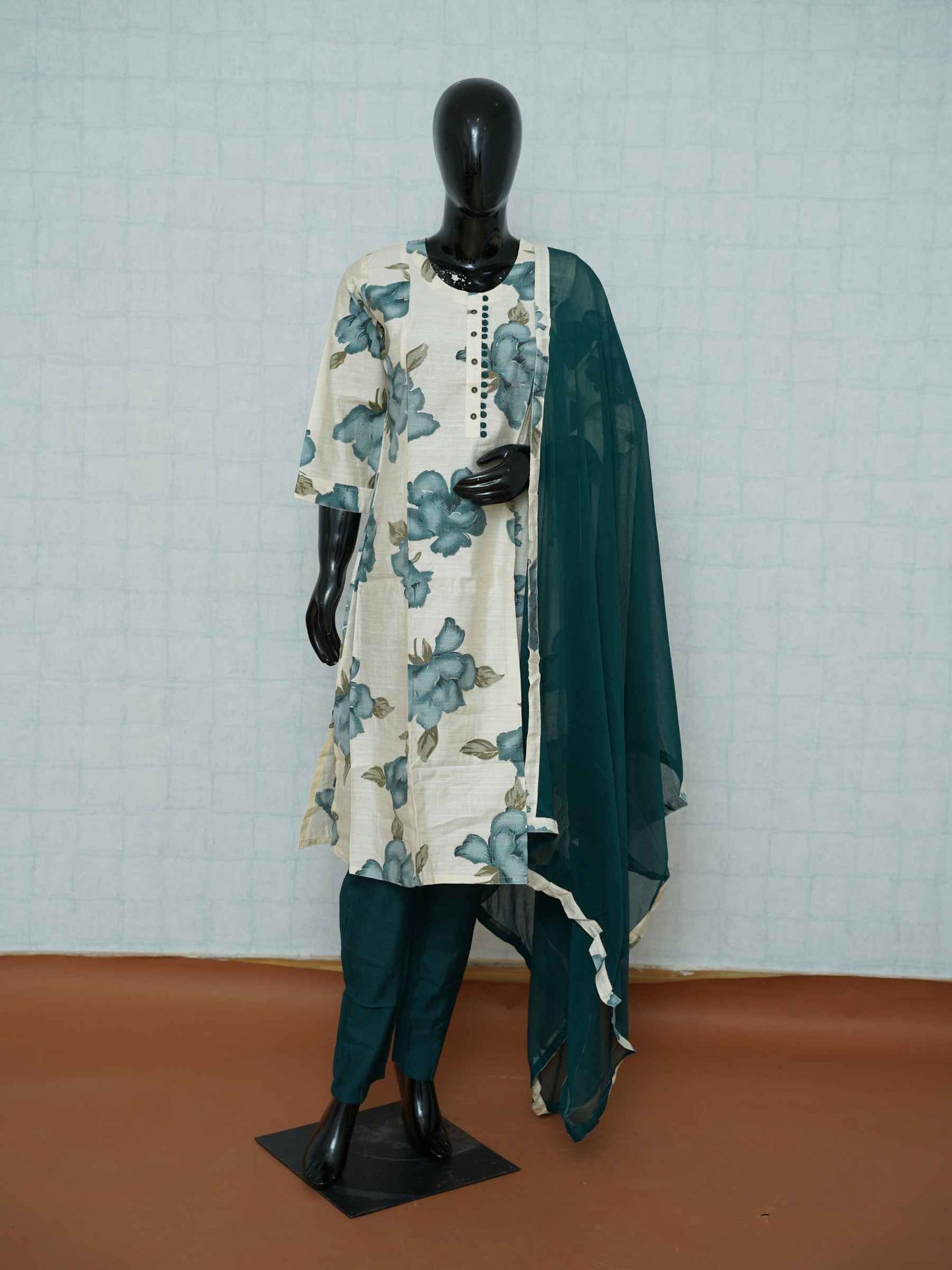 Off-white Vatican silk 3-piece suit set with large teal green floral prints