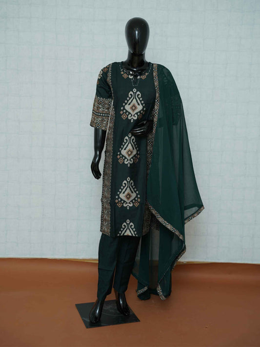 Dark bottle green Vatican silk 3-piece suit set with ikat medallion and geometric prints