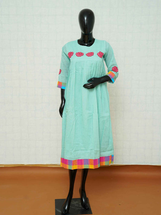 Mint green mul cotton gathered Anarkali kurti with pink floral applique embroidery