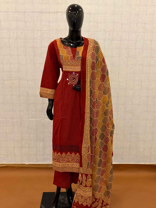 Rust red mul cotton 3-piece suit set with mirror work yoke and Bandhani dupatta