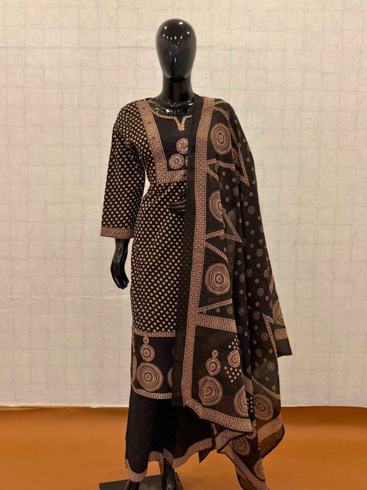 Black Soft Cotton & Ajrakh Mirror Work 3-Piece Kurti Pant Dupatta Set - 3XL to 6XL