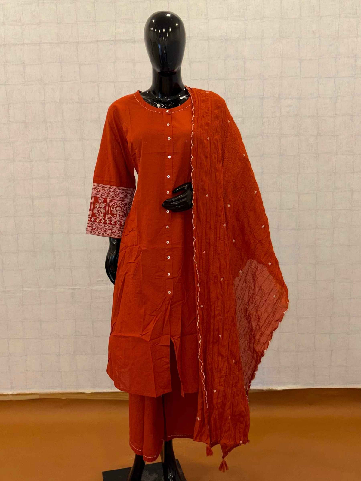 Terracotta orange soft cotton 3-piece kurti pant set with front buttons and crinkled dupatta