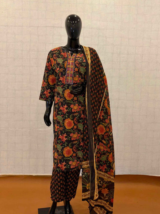 Black soft cotton 3-piece kurti pant set with orange Kalamkari floral prints and embroidered neck placket