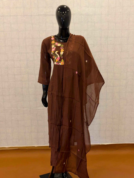Deep chocolate brown Chanderi silk 3-piece flared kurti pant set with colorful floral yoke embroidery