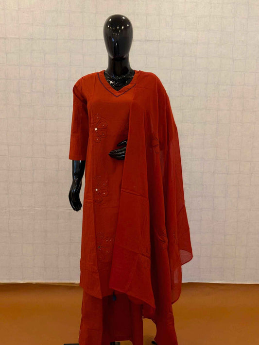 Rust orange soft cotton 3-piece suit set with floral outline embroidery and mirror work