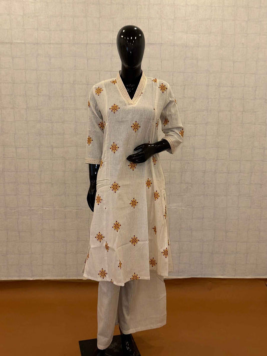 Off-white linen cotton 2-piece kurti pant set with rust star motif embroidery