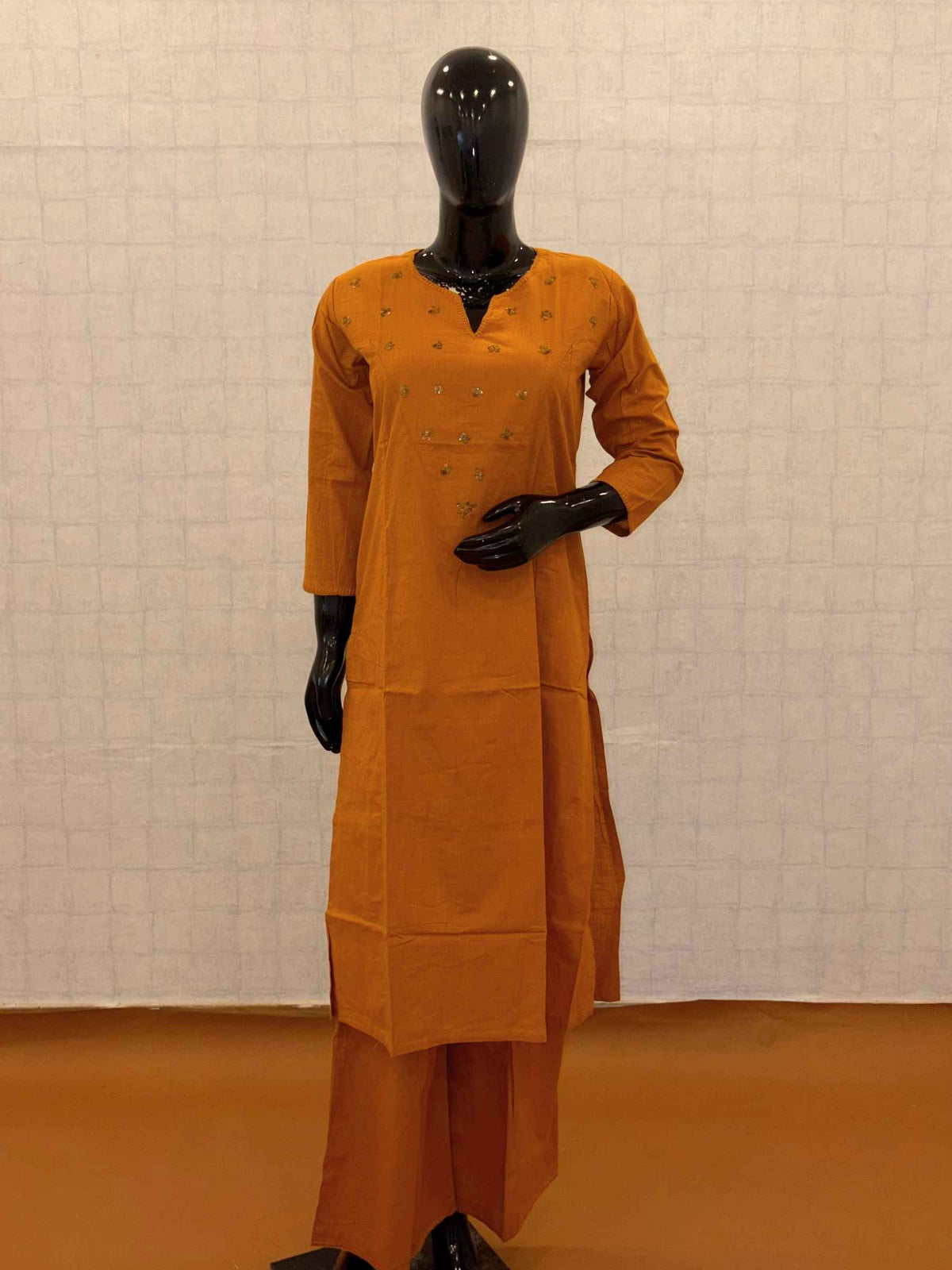 Mustard Yellow Soft Cotton Embellished 2-Piece Kurti Pant Set - Sizes M to 5XL
