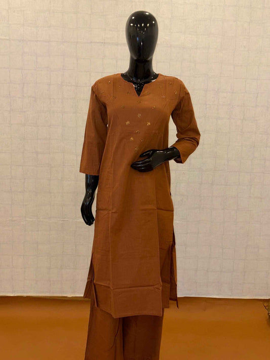 Terracotta rust soft cotton 2-piece kurti pant set with gold sequin floral yoke embellishments