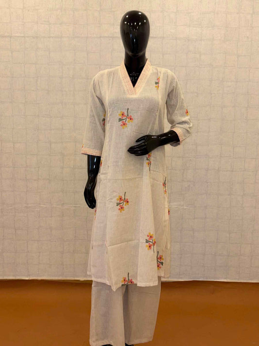 Off-white linen cotton 2-piece kurti pant set with pastel floral bunch embroidery