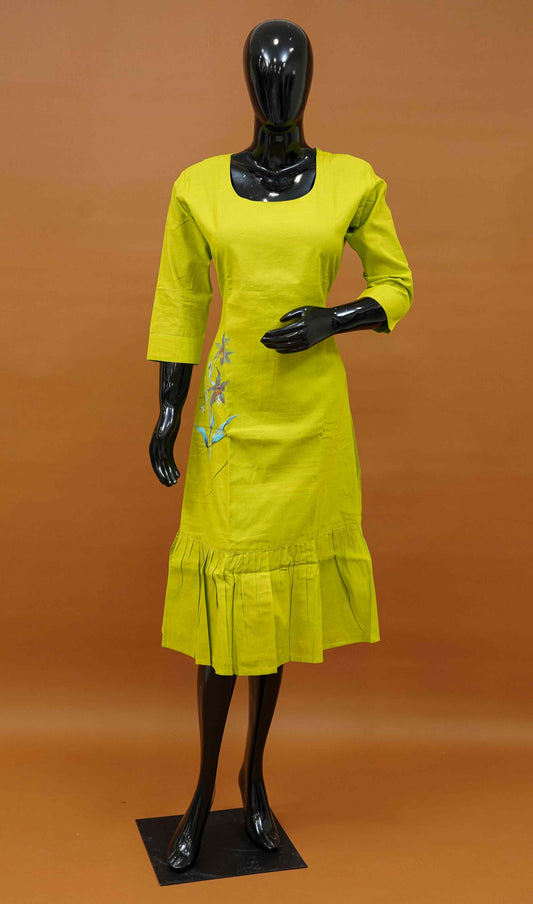 Yellow Green Cotton Frock with Screen Print Floral Motif – Medium to 3XL