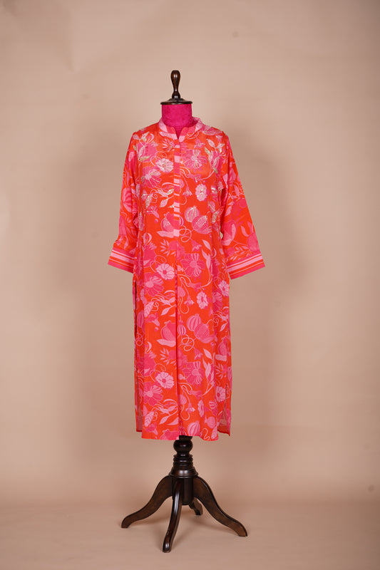 Pure Crepe Silk Straight Cut Kurti with Hand Embroidery Highlights - Red Color