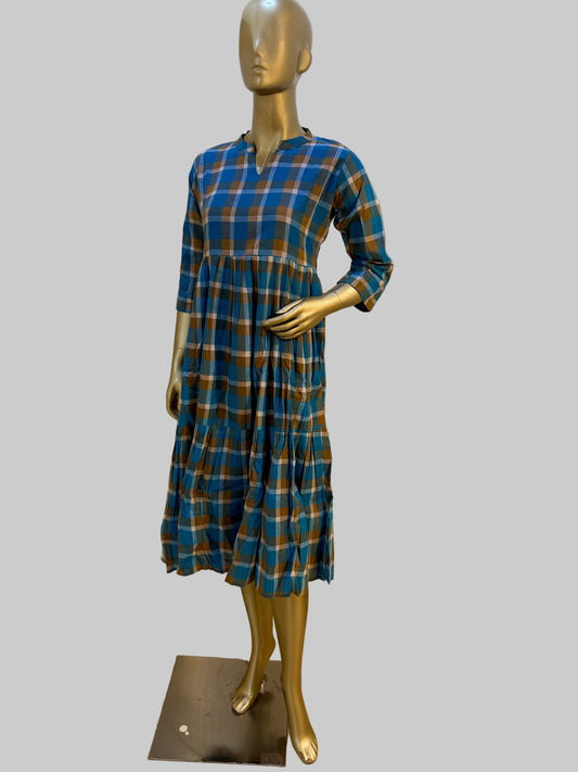 Blue and Brown Checks Cotton Frock – M to 2XL