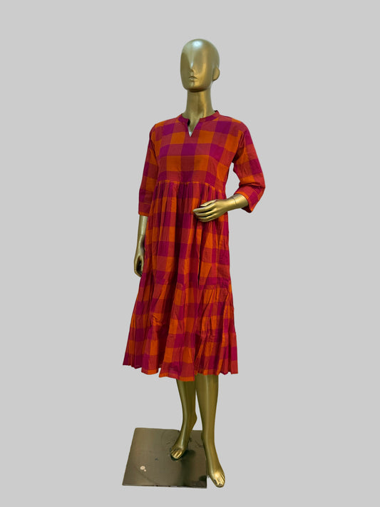 Orange and Pink Cotton Checks Frock – Medium