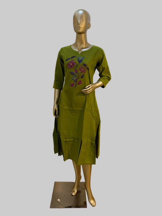 Green Cotton Frock with Screen Print Floral Motif – Medium to 3XL