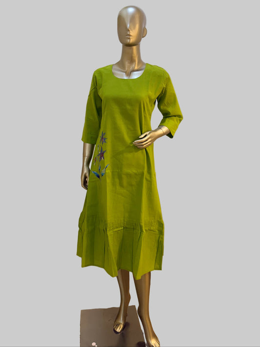 Parrot Green Cotton Frock with Screen Print Floral Motif – M to 3XL