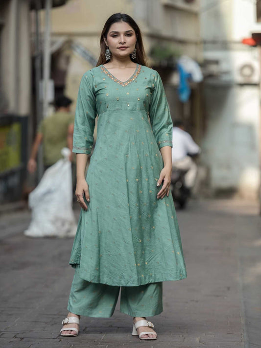 Mint Green Chanderi Mukaish Work Kurta Set – Medium to 3XL