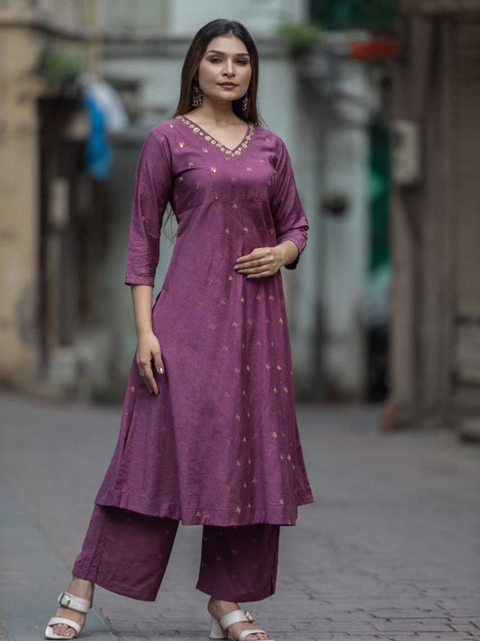 Plum Purple Chanderi Mukaish Work Kurta Set – Medium to 3XL
