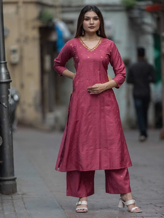 Magenta Pink Chanderi Mukaish Work Kurta Set – Medium to 3XL