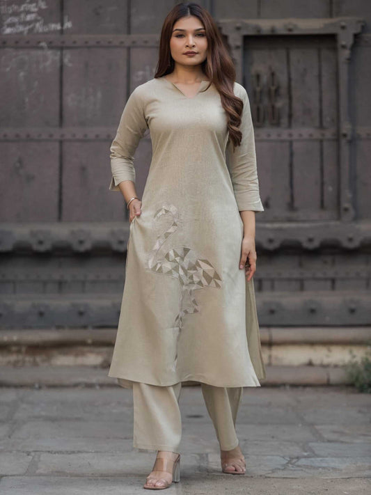 Olive Sage Cotton Flamingo Applique Kurta Pant Set – Medium to 3XL