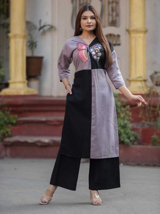 Black and Mauve Purple Cotton Butterfly Applique Kurta Palazzo Se – Medium to 3XL