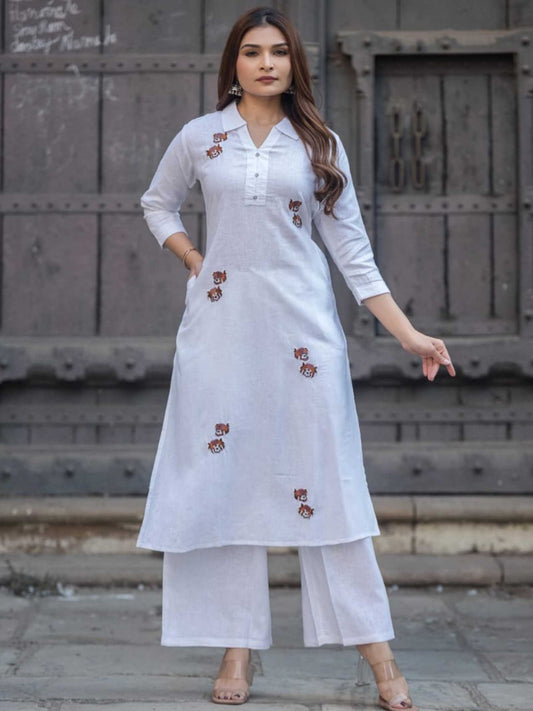 Pure White Cotton Floral Embroidery Collar Kurta Palazzo Set – Medium to 3XL